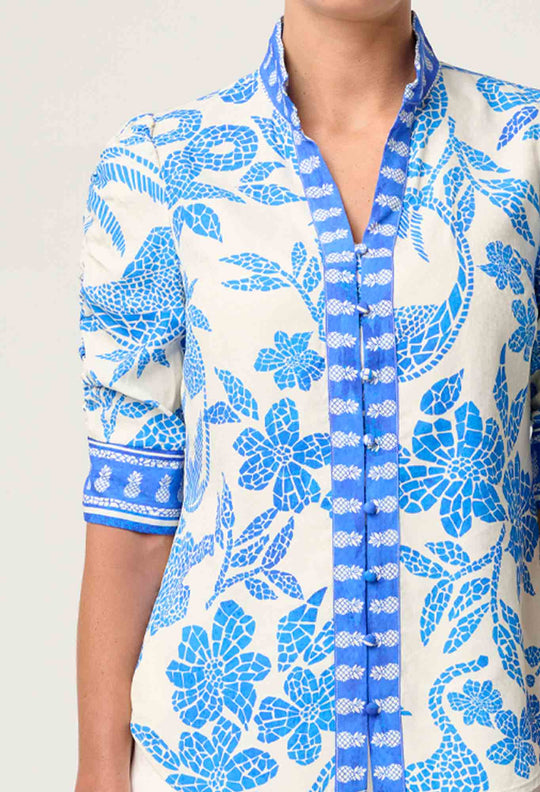 OnceWas Calantha Viscose Dobby Ruched Sleeve Shirt in Azure Mosaic