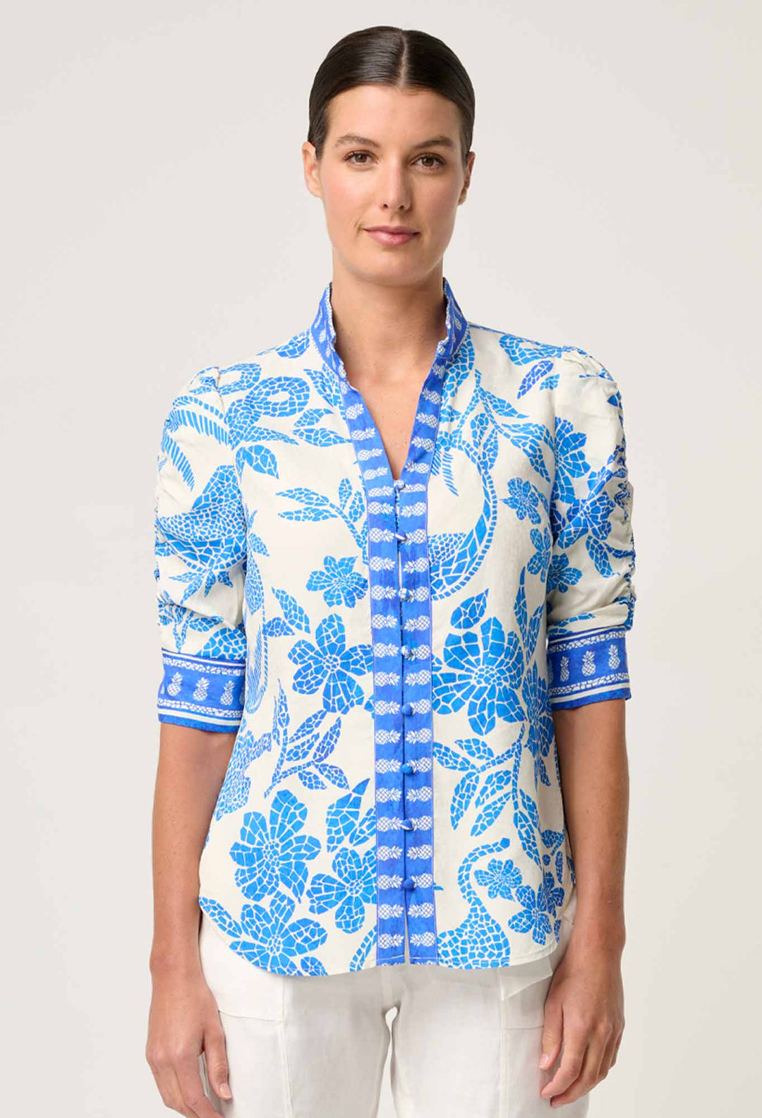 OnceWas Calantha Viscose Dobby Ruched Sleeve Shirt in Azure Mosaic