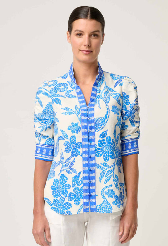 OnceWas Calantha Viscose Dobby Ruched Sleeve Shirt in Azure Mosaic
