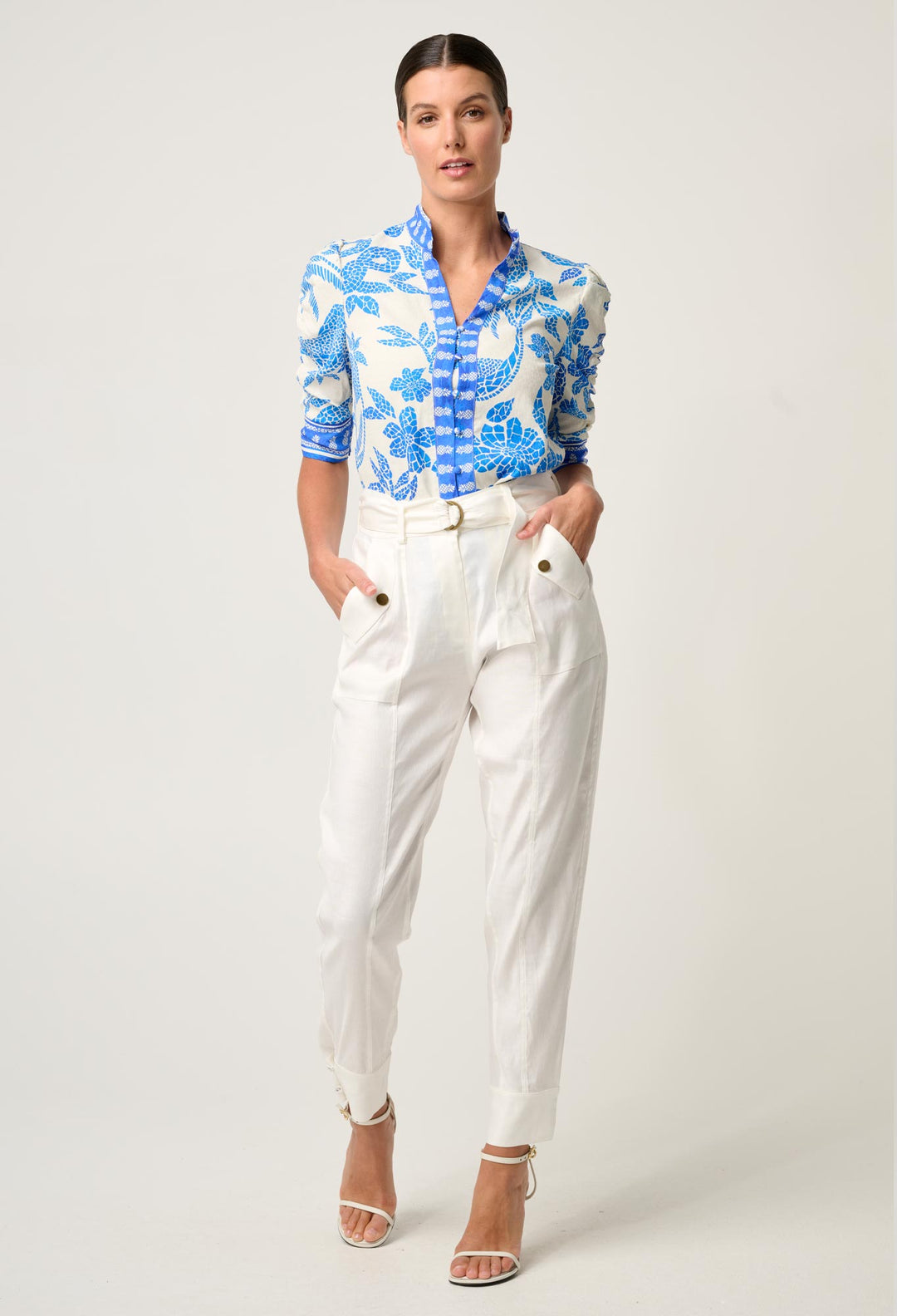 OnceWas Calantha Viscose Dobby Ruched Sleeve Shirt in Azure Mosaic