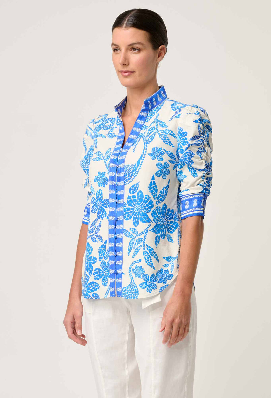 OnceWas Calantha Viscose Dobby Ruched Sleeve Shirt in Azure Mosaic