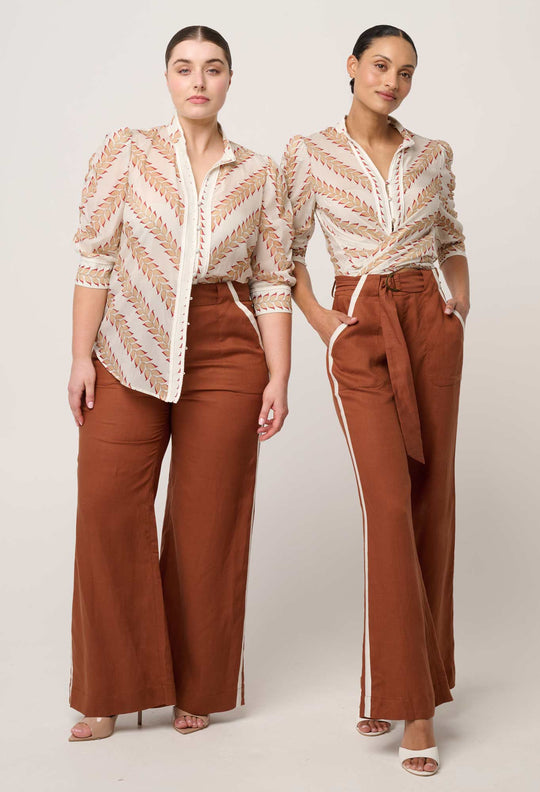 Calantha Cotton Silk Braided Trim Shirt in Gilded Frond