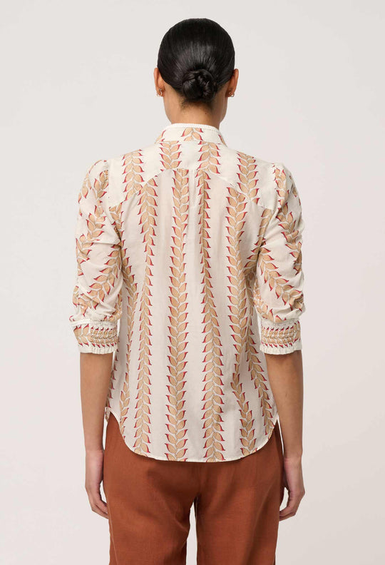 Calantha Cotton Silk Braided Trim Shirt in Gilded Frond