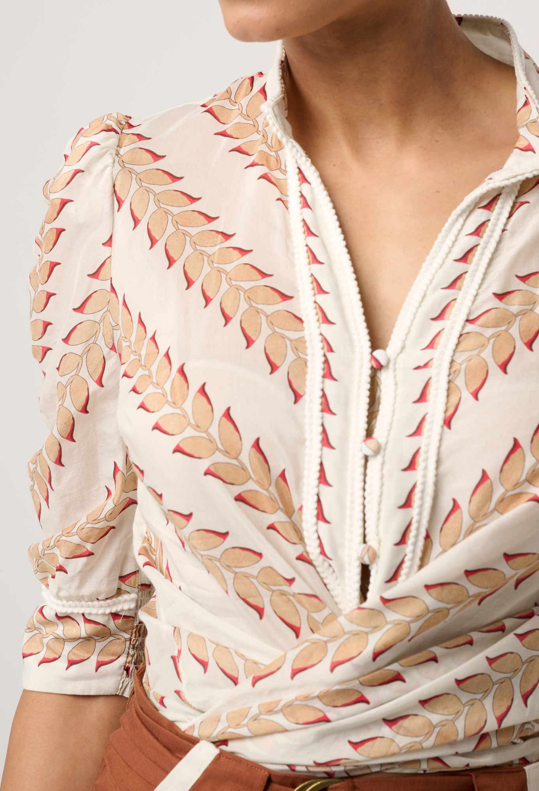 Calantha Cotton Silk Braided Trim Shirt in Gilded Frond