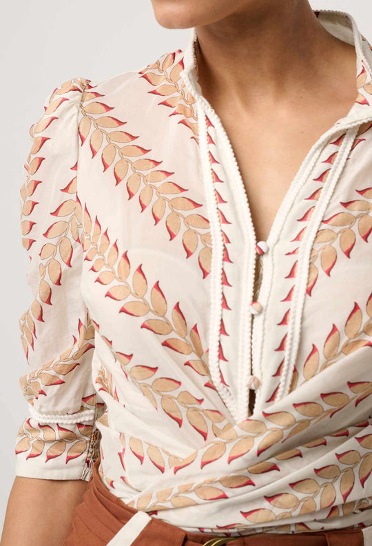 Calantha Cotton Silk Braided Trim Shirt in Gilded Frond