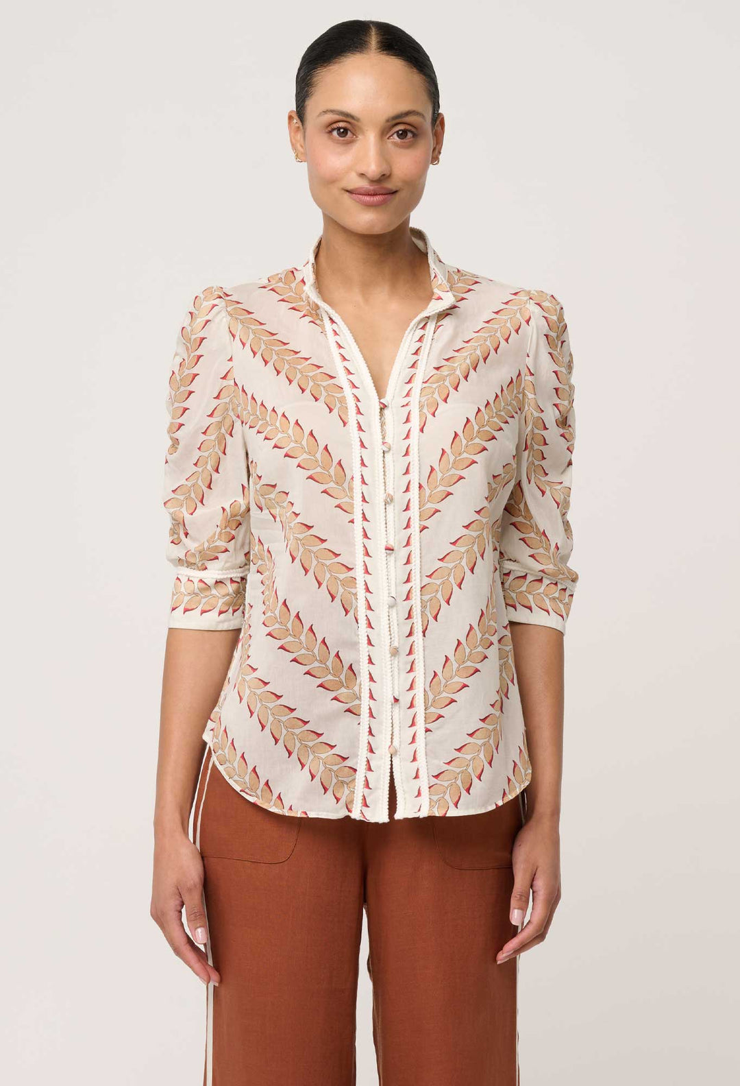 Calantha Cotton Silk Braided Trim Shirt in Gilded Frond
