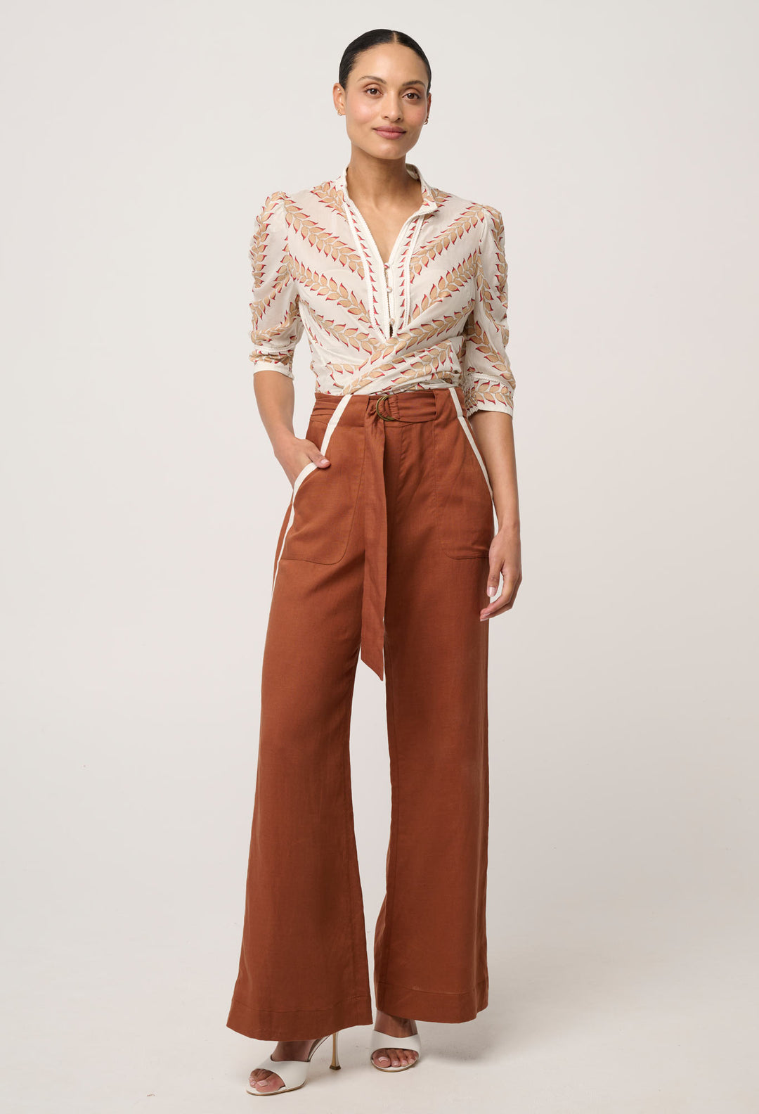 Calantha Cotton Silk Braided Trim Shirt in Gilded Frond