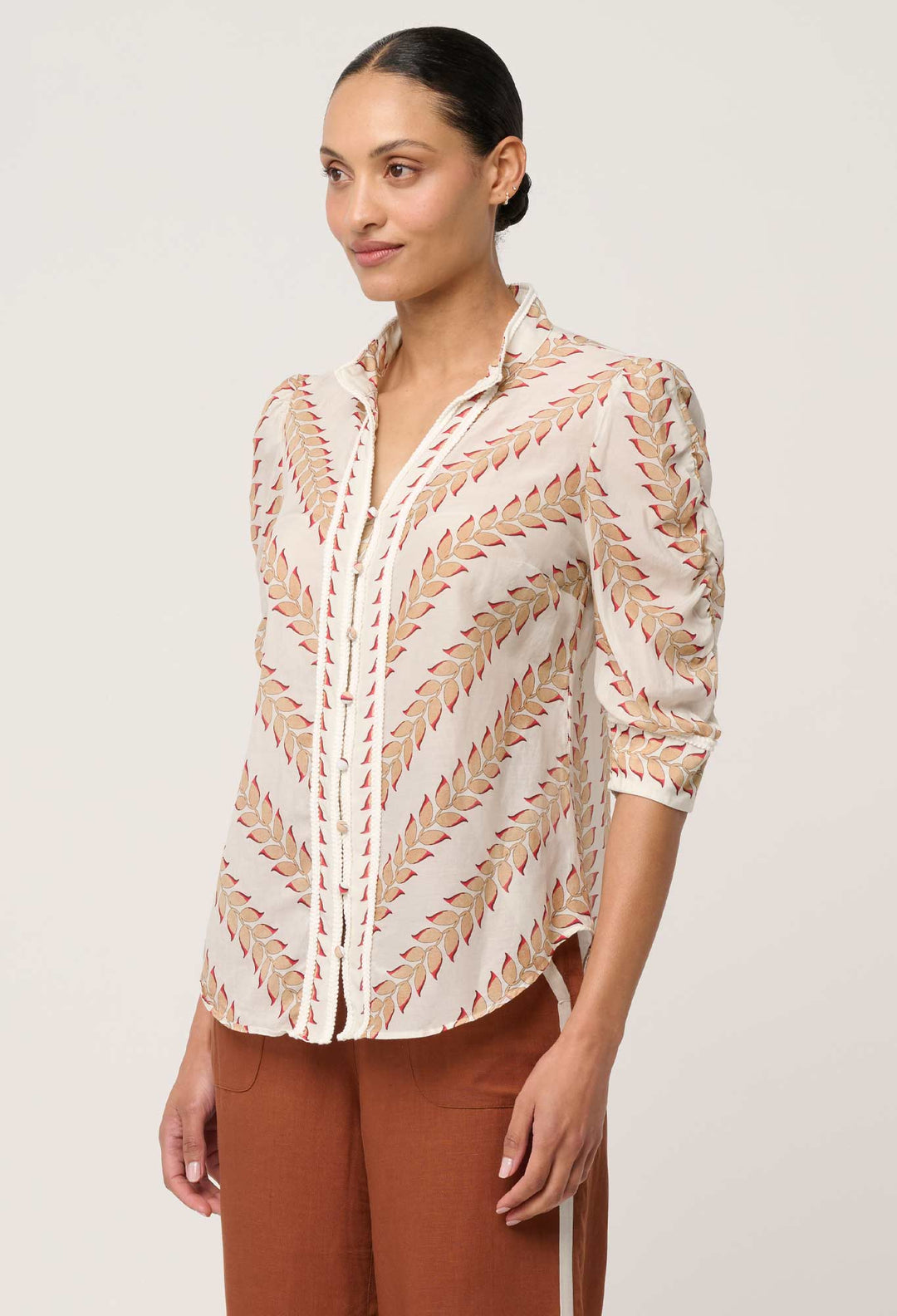 Calantha Cotton Silk Braided Trim Shirt in Gilded Frond