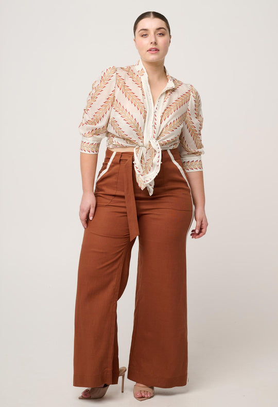 Calantha Cotton Silk Braided Trim Shirt in Gilded Frond