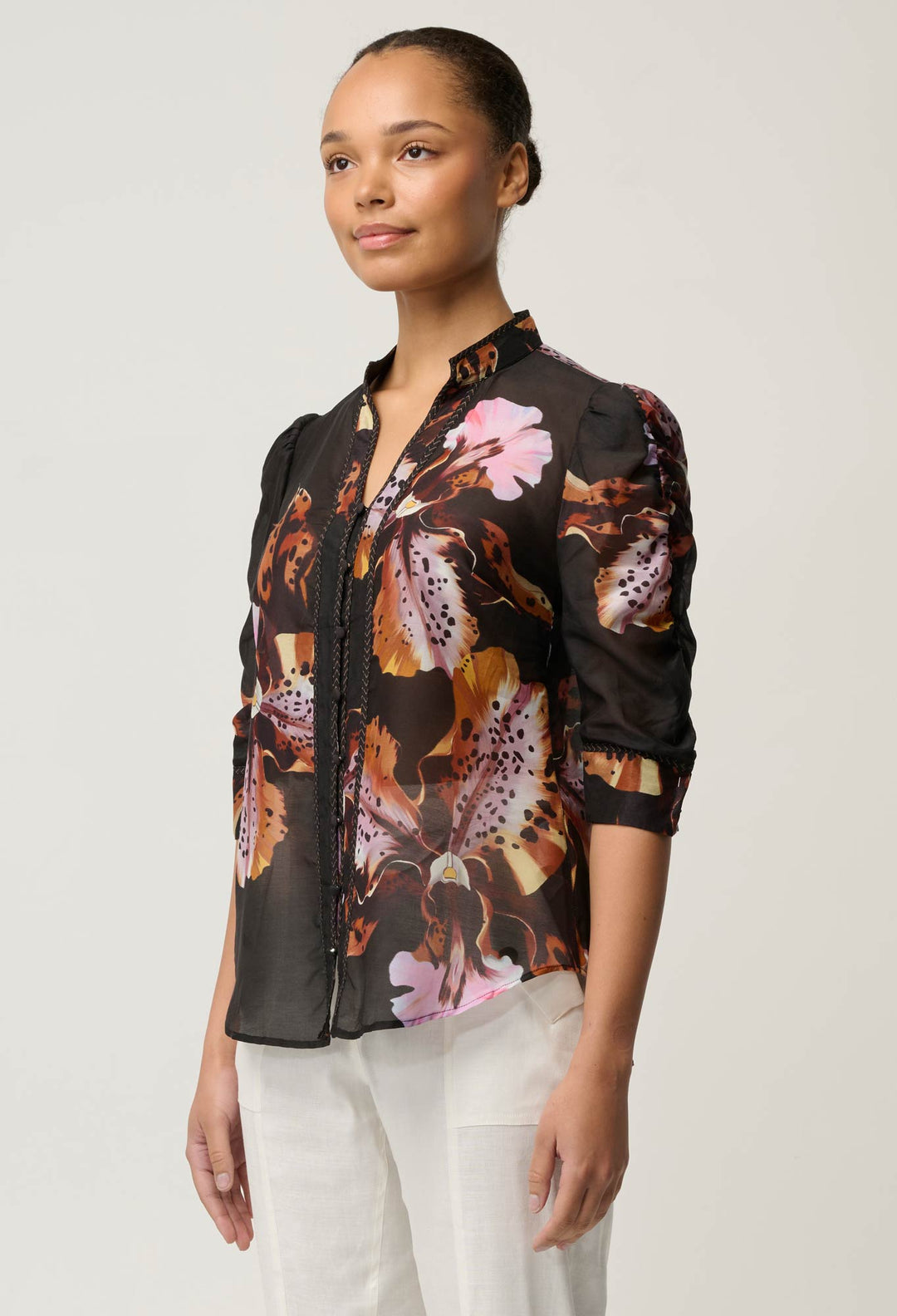 Calantha Cotton Silk Sleeve Shirt in Sunset Orchid