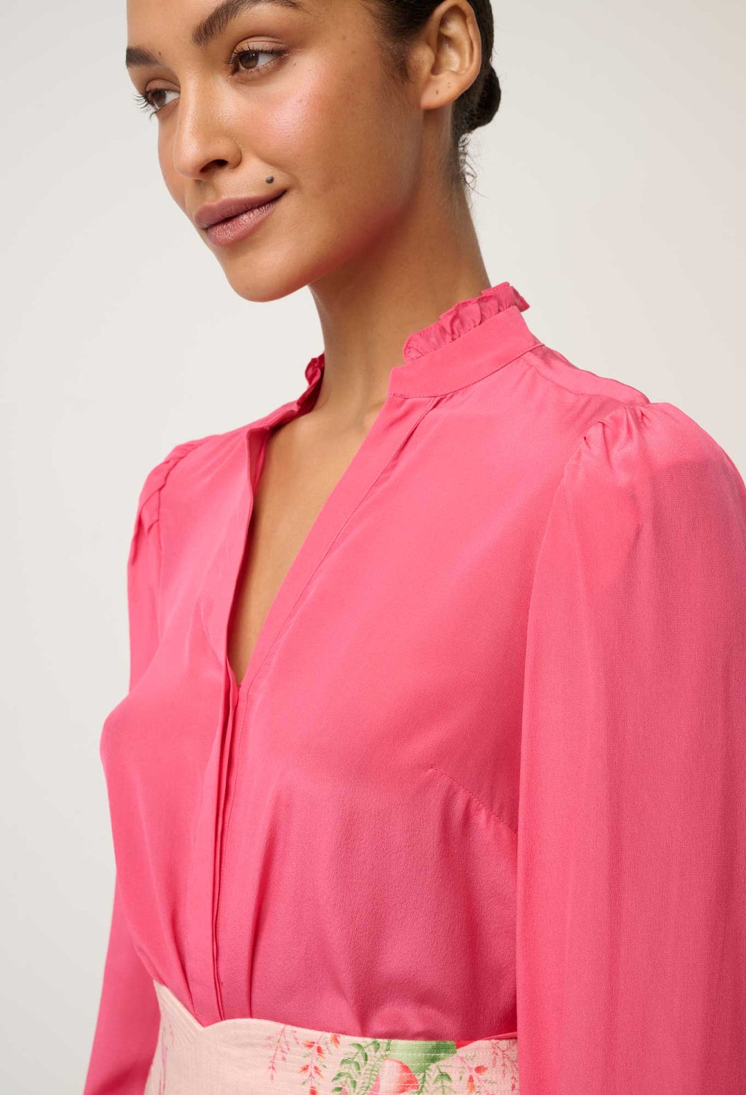 Chloe 100% Silk Criss Cross Cuffed Shirt in Celosia Pink