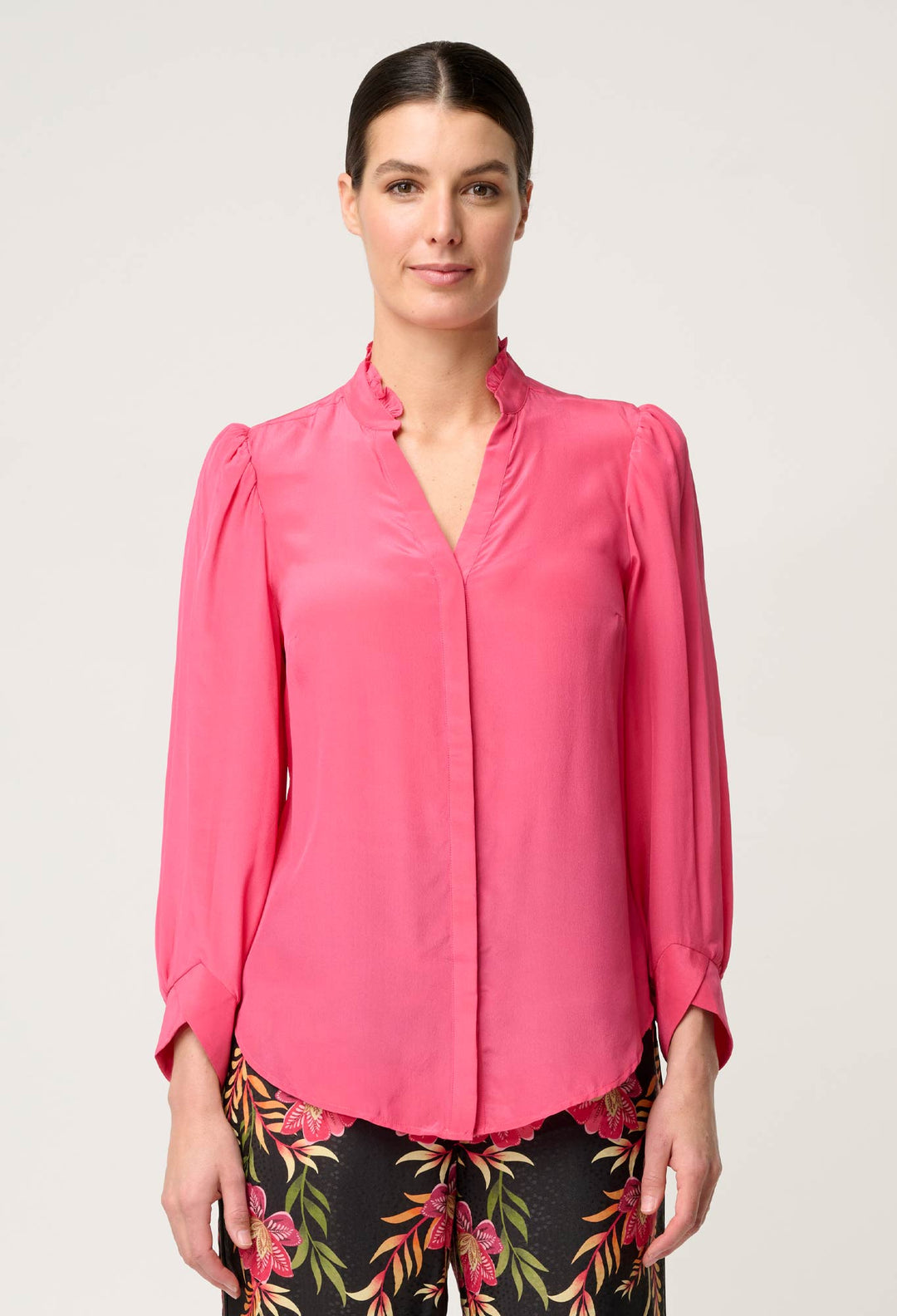 Chloe 100% Silk Criss Cross Cuffed Shirt in Celosia Pink