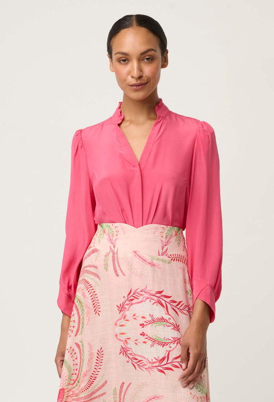 Chloe 100% Silk Criss Cross Cuffed Shirt in Celosia Pink