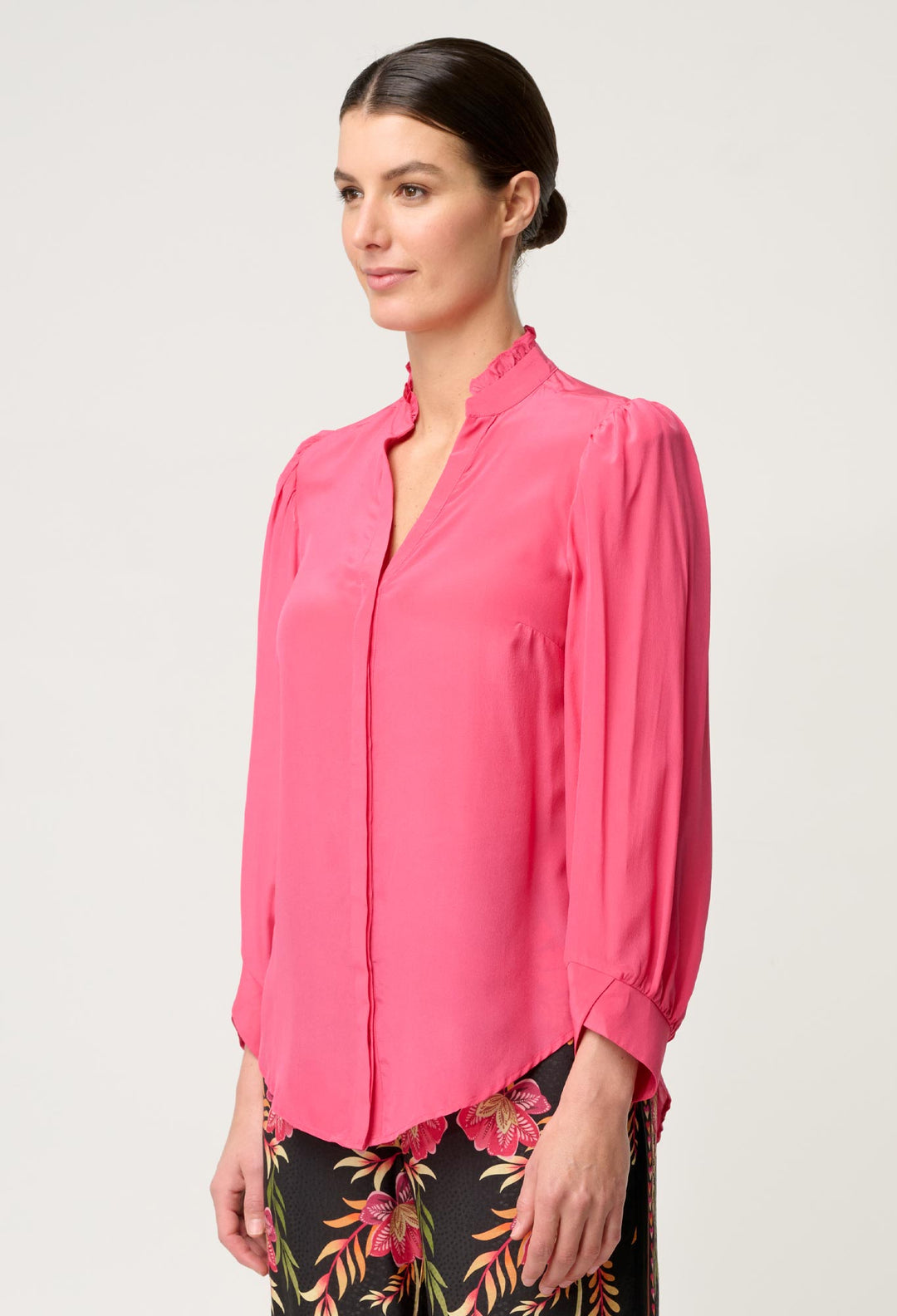 Chloe Silk Criss Cross Cuffed Shirt in Celosia Pink
