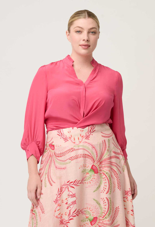 Chloe 100% Silk Criss Cross Cuffed Shirt in Celosia Pink
