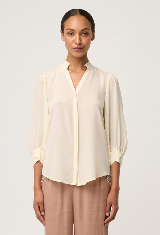 Chloe Silk Criss Cross Cuffed Shirt in Cloud