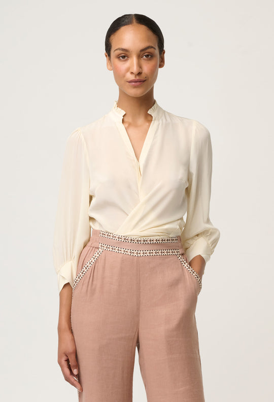 Chloe Silk Criss Cross Cuffed Shirt in Cloud