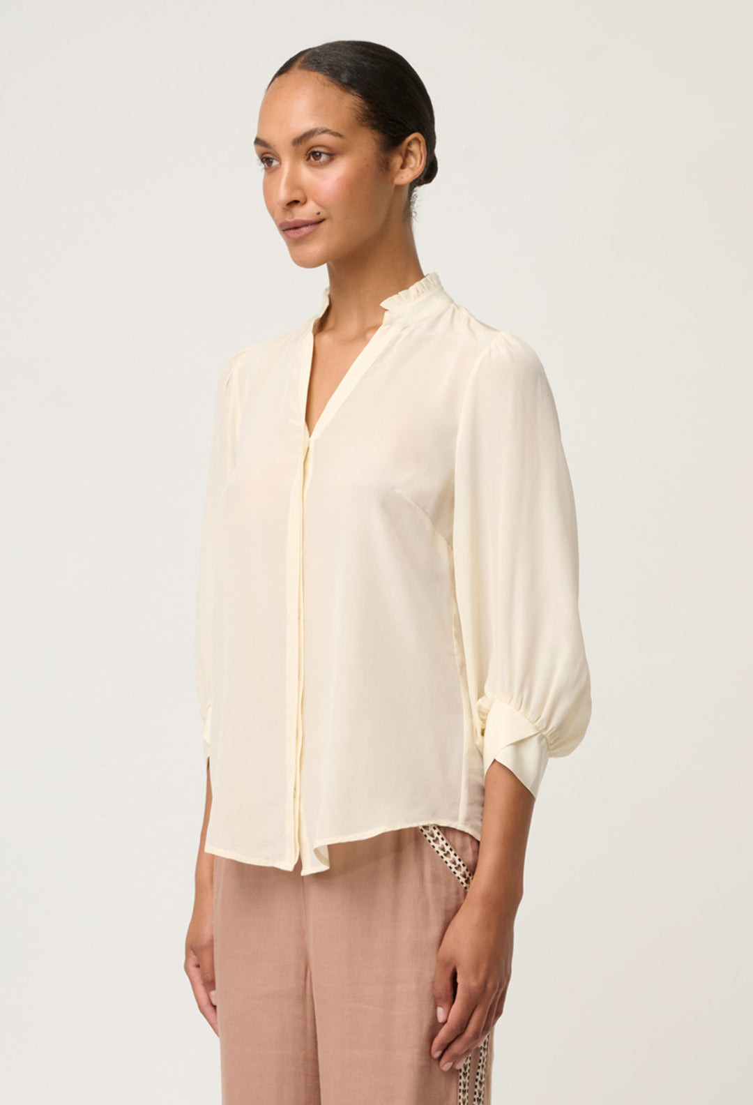 Chloe 100% Silk Criss Cross Cuffed Shirt in Cloud