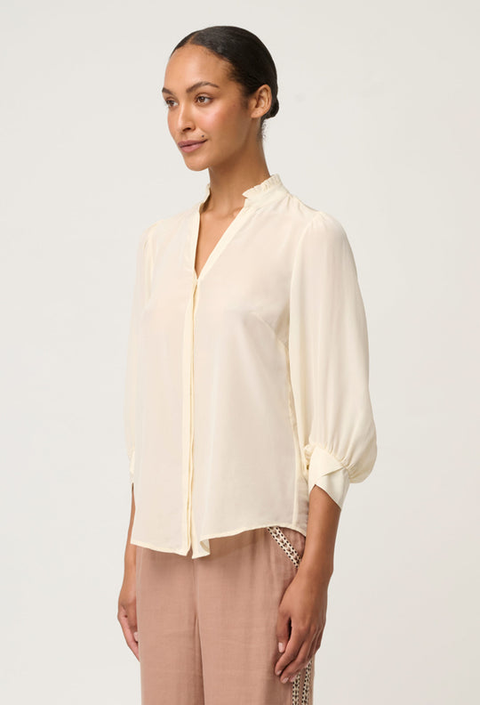 Chloe 100% Silk Criss Cross Cuffed Shirt in Cloud