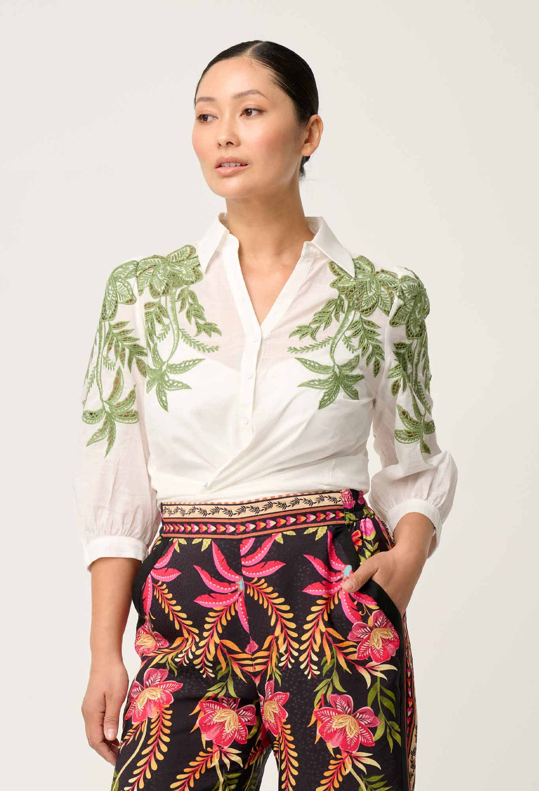 PETITE Callisto Cotton Embroidered Shirt in Ivory