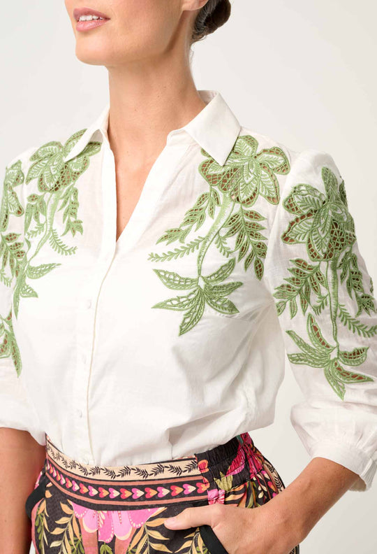 OnceWas Callisto Cotton Embroidered Shirt in Ivory