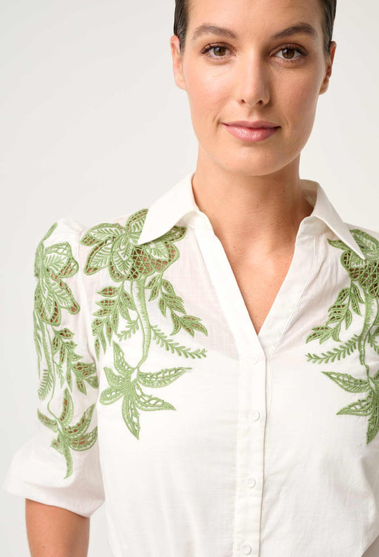 OnceWas Callisto Cotton Embroidered Shirt in Ivory