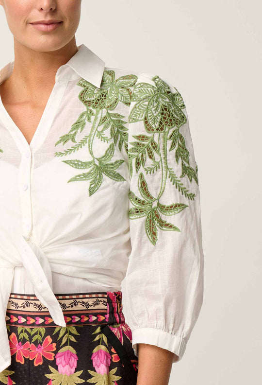 OnceWas Callisto Cotton Embroidered Shirt in Ivory