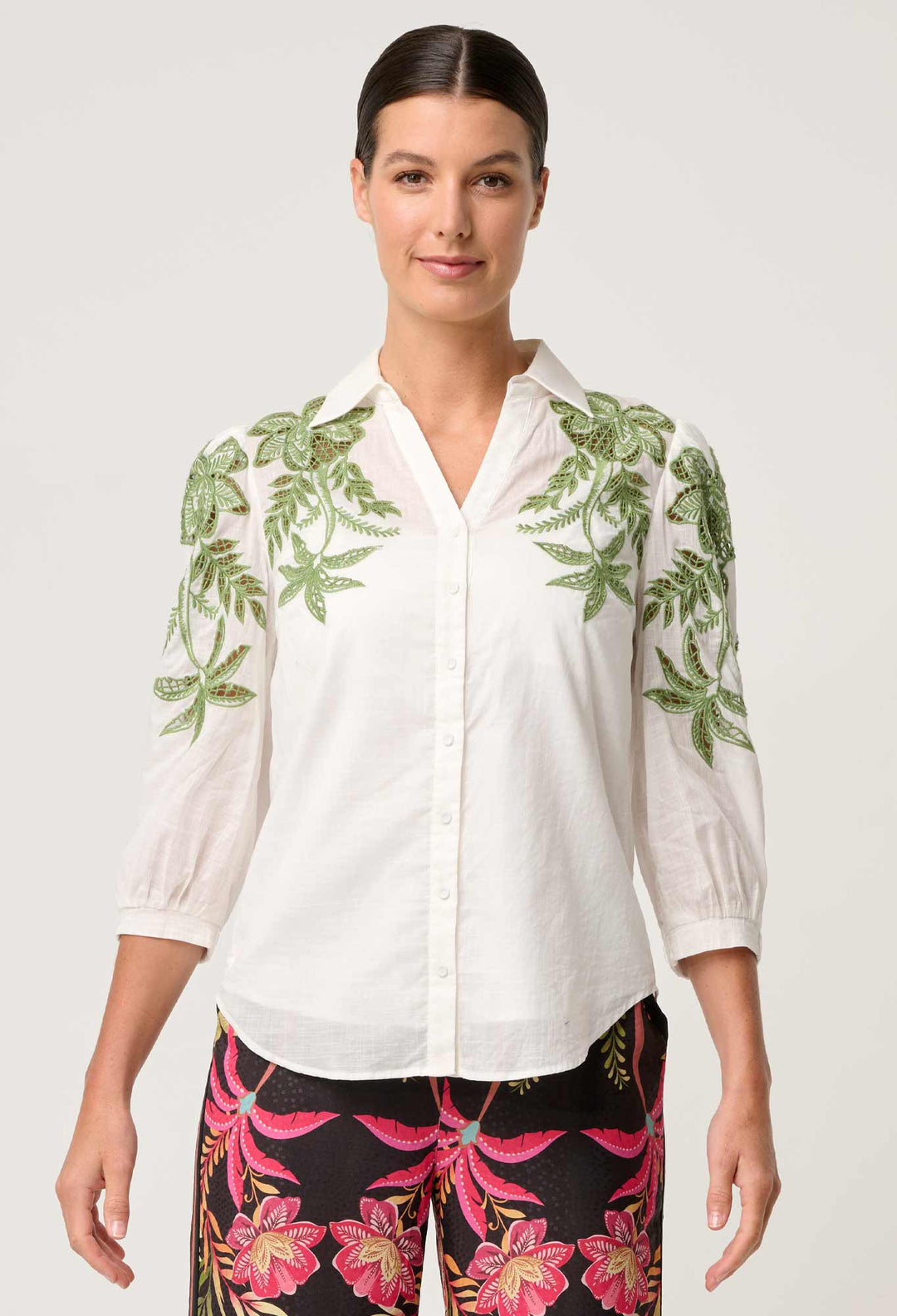 OnceWas Callisto Cotton Embroidered Shirt in Ivory
