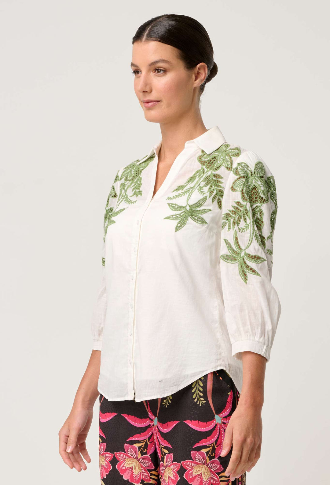 OnceWas Callisto Cotton Embroidered Shirt in Ivory