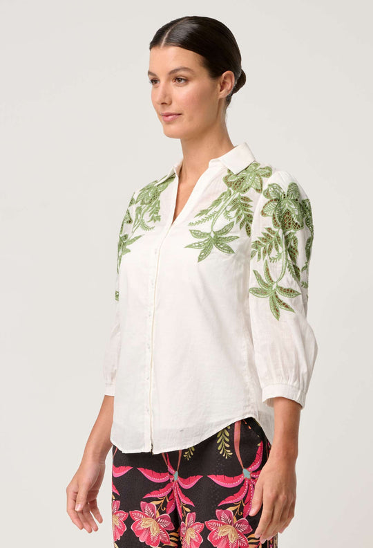 OnceWas Callisto Cotton Embroidered Shirt in Ivory