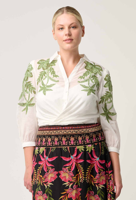 OnceWas Callisto Cotton Embroidered Shirt in Ivory
