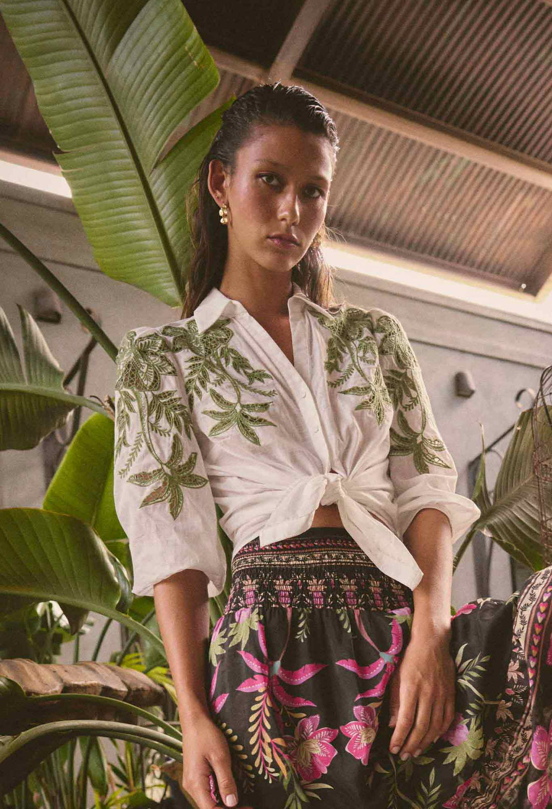 OnceWas Callisto Cotton Embroidered Shirt in Ivory