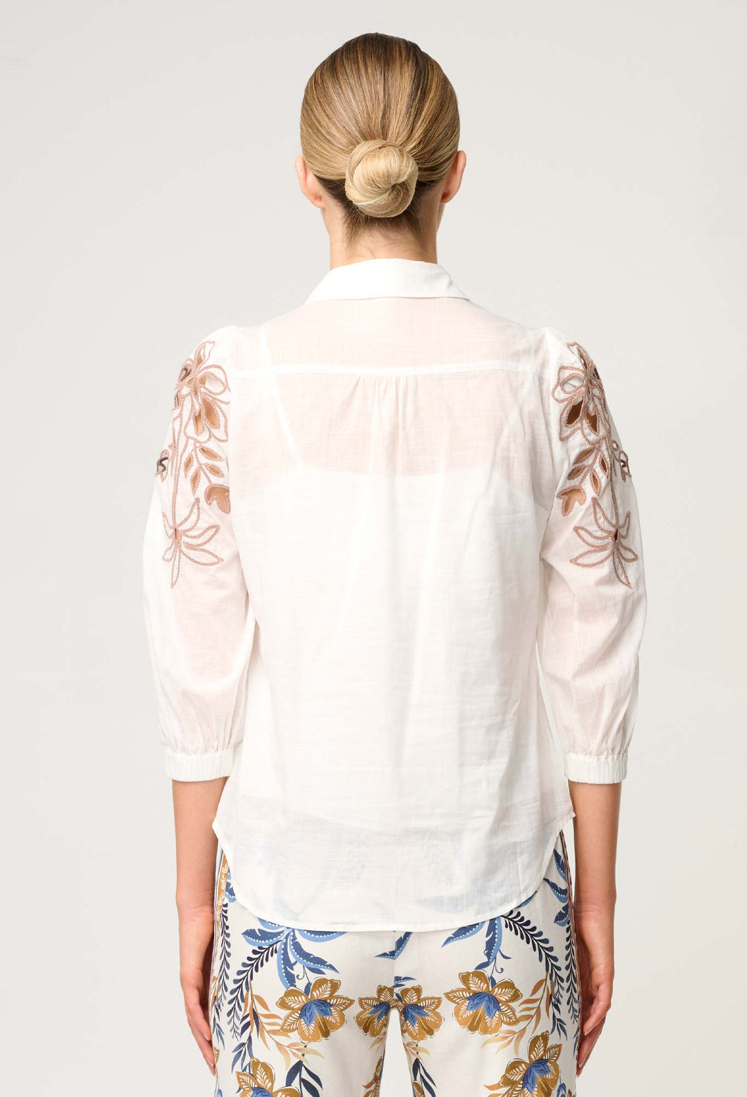 OnceWas Callisto Cotton Embroidered Shirt in Ivory-Dune