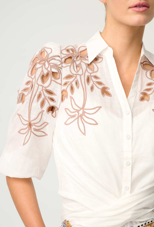 OnceWas Callisto Cotton Embroidered Shirt in Ivory-Dune