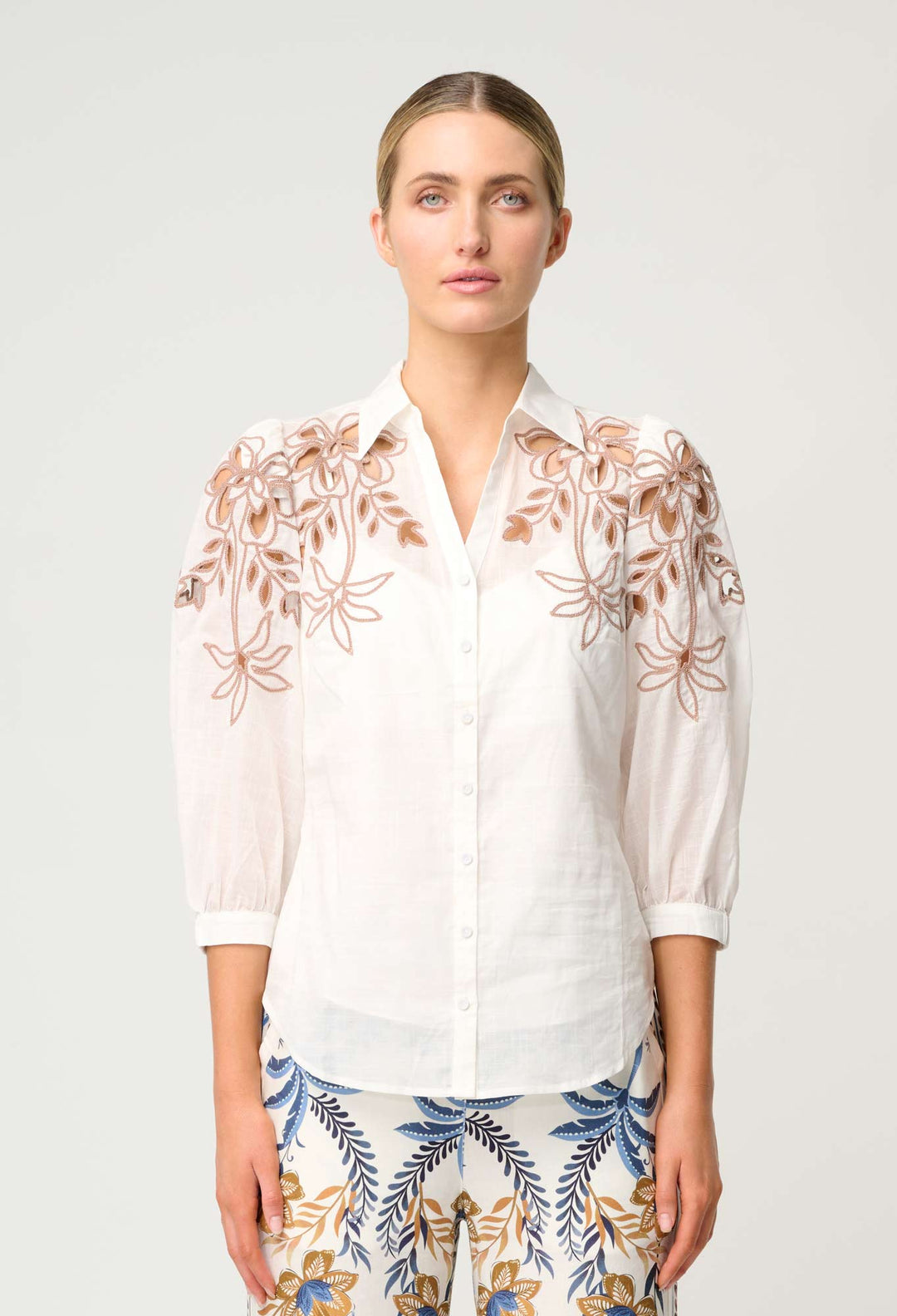 OnceWas Callisto Cotton Embroidered Shirt in Ivory-Dune