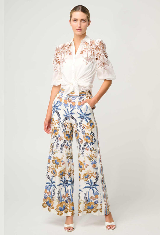 OnceWas Callisto Cotton Embroidered Shirt in Ivory-Dune