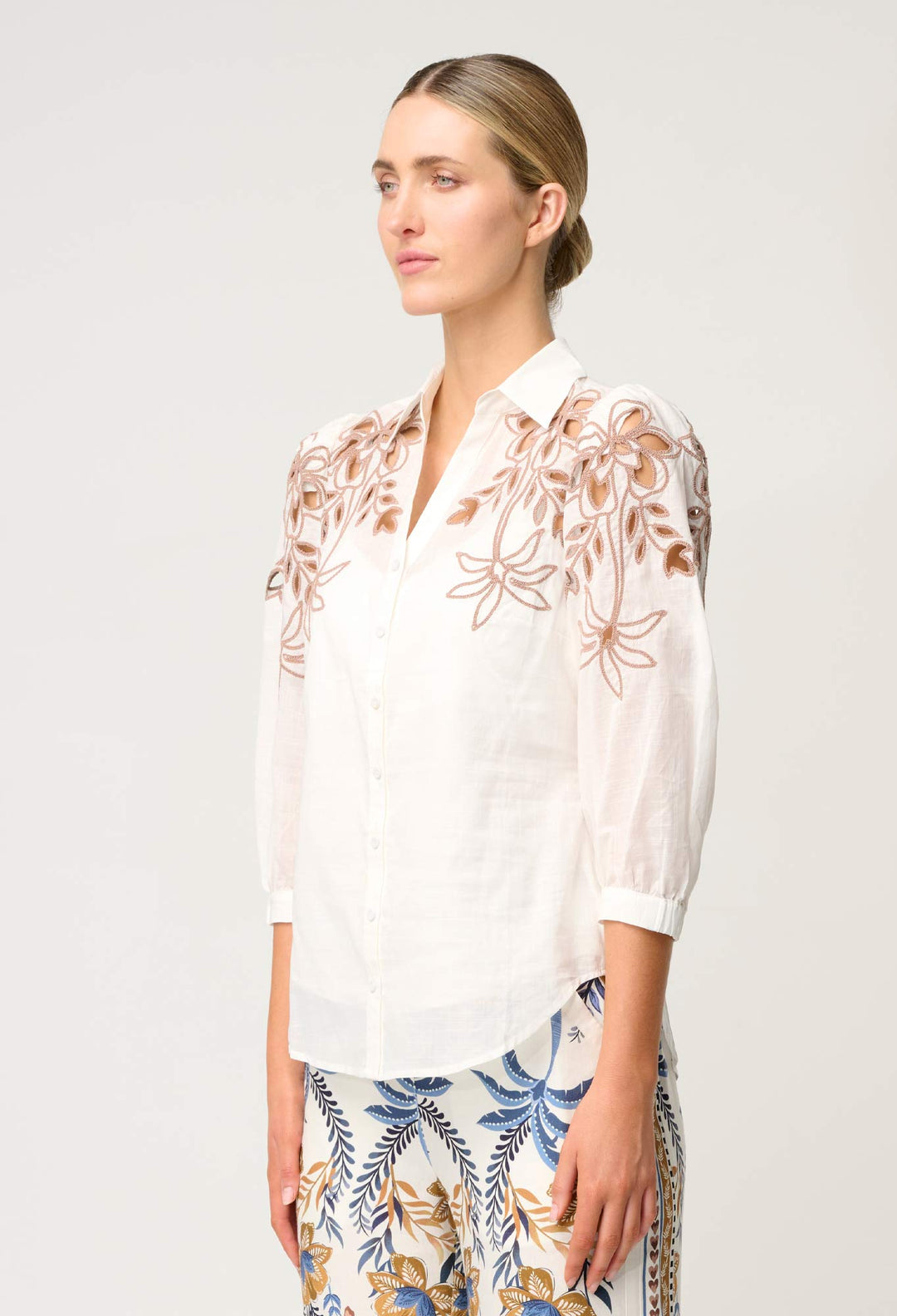 OnceWas Callisto Cotton Embroidered Shirt in Ivory-Dune