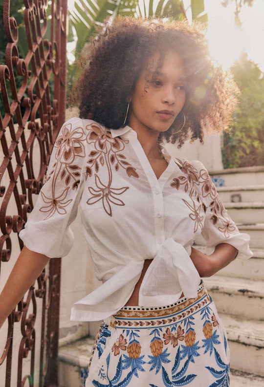 OnceWas Callisto Cotton Embroidered Shirt in Ivory-Dune