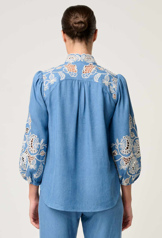 OnceWas Astra Embroidered Tencel 3/4 Sleeve Blouse in Blue Ash