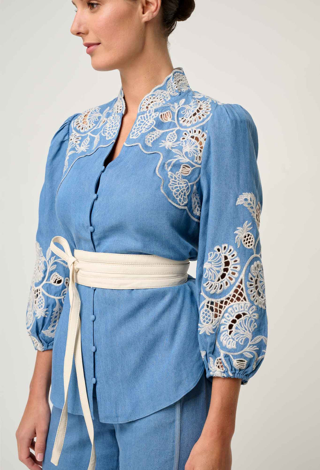 OnceWas Astra Embroidered Tencel 3/4 Sleeve Blouse in Blue Ash