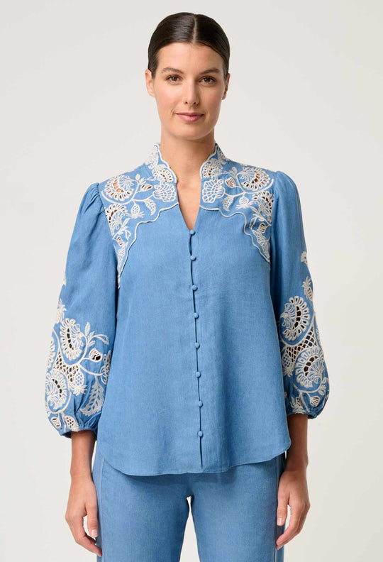 OnceWas Astra Embroidered Tencel 3/4 Sleeve Blouse in Blue Ash