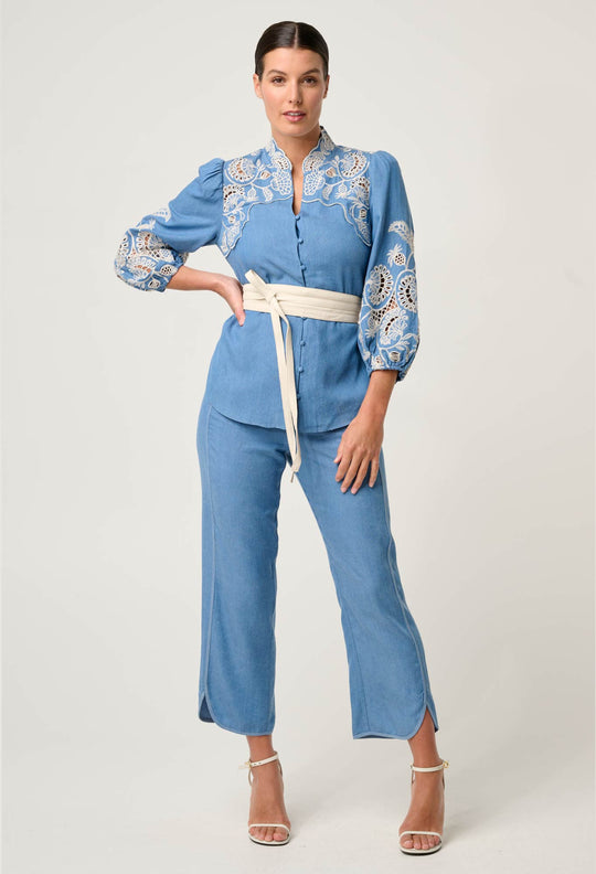 OnceWas Astra Embroidered Tencel 3/4 Sleeve Blouse in Blue Ash
