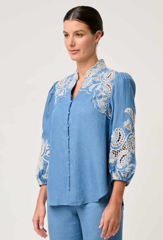 OnceWas Astra Embroidered Tencel 3/4 Sleeve Blouse in Blue Ash