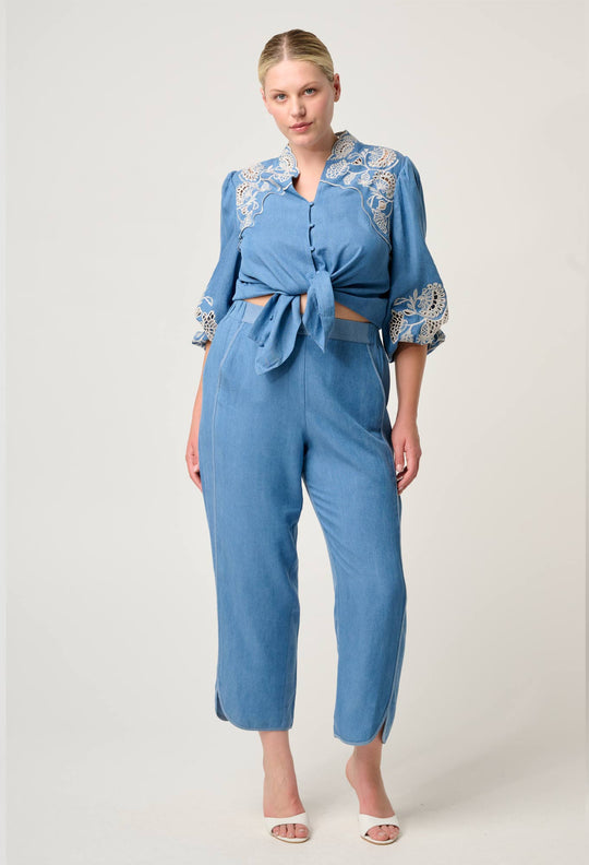 Astra Embroidered Tencel 3/4 Sleeve Blouse in Blue Ash