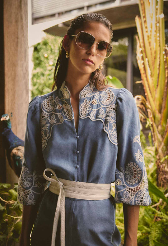 OnceWas Astra Embroidered Tencel 3/4 Sleeve Blouse in Blue Ash