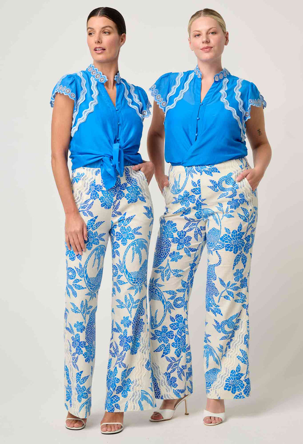 OnceWas Thalassa Embroidered Silk Cotton Flutter Sleeve Top in Blue Topaz