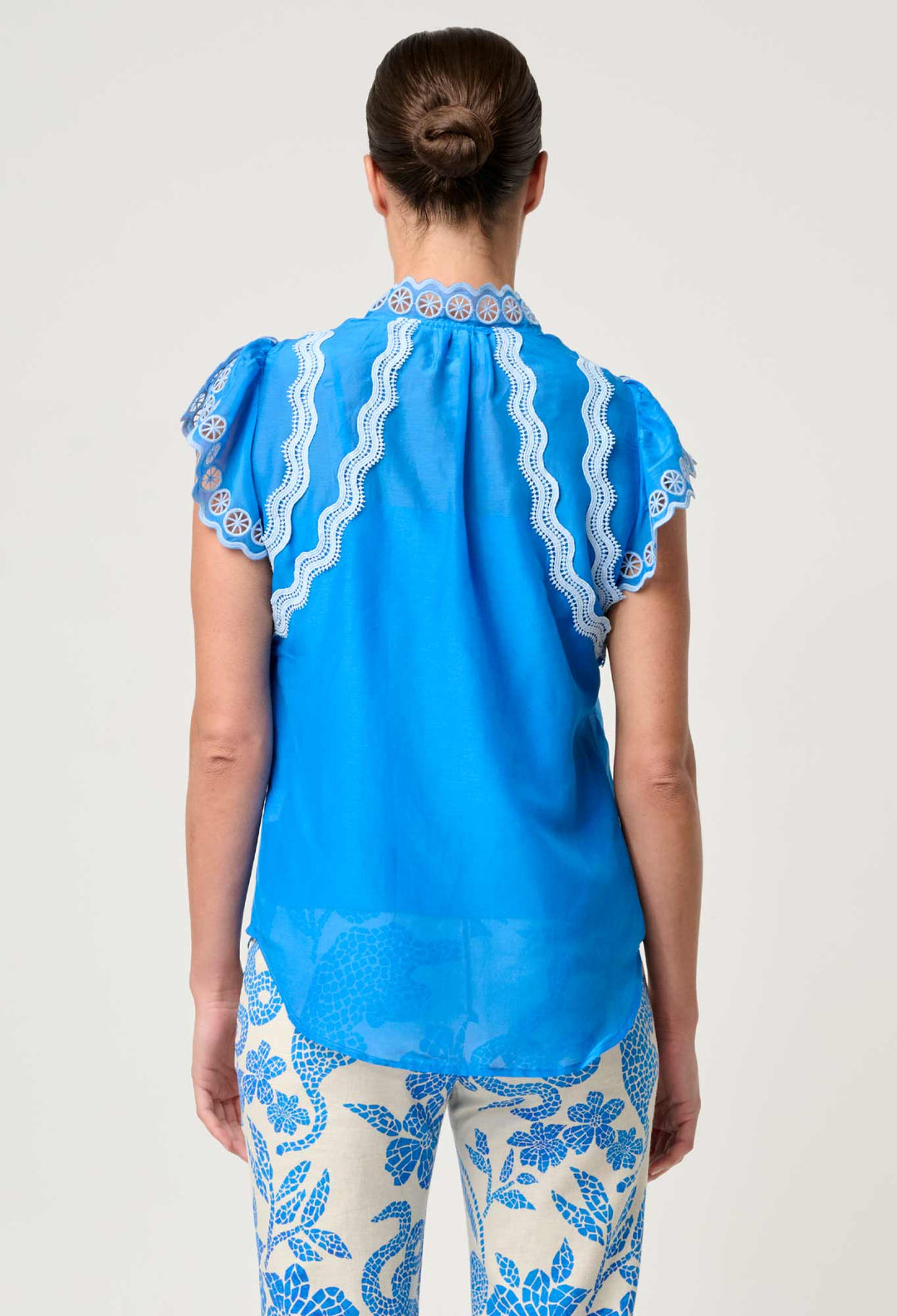 OnceWas Thalassa Embroidered Silk Cotton Flutter Sleeve Top in Blue Topaz