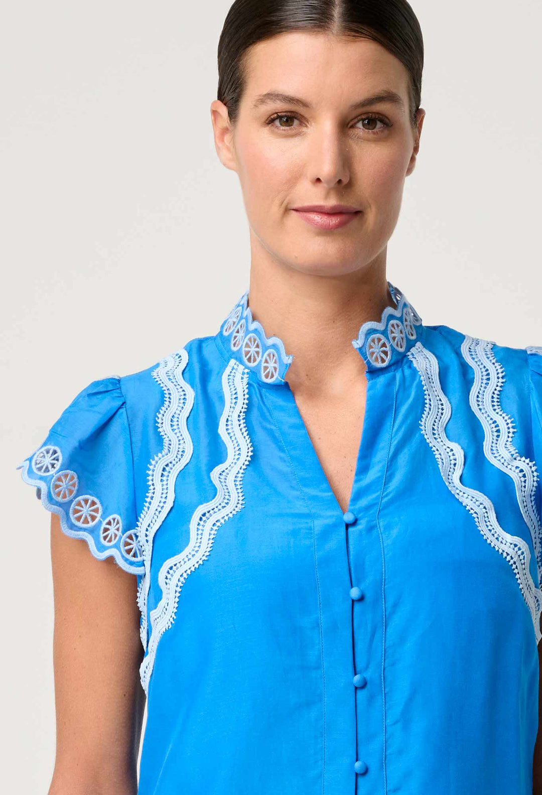 OnceWas Thalassa Embroidered Silk Cotton Flutter Sleeve Top in Blue Topaz