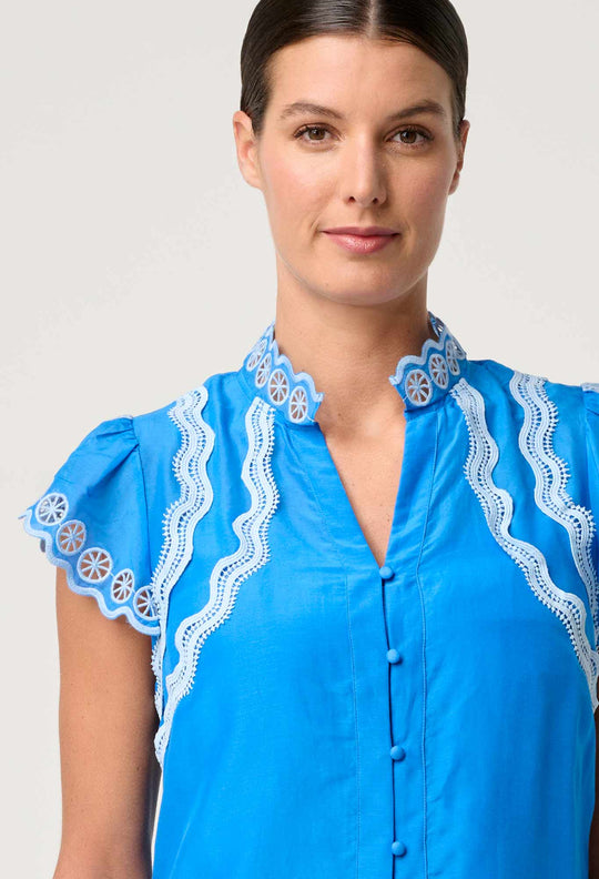 OnceWas Thalassa Embroidered Silk Cotton Flutter Sleeve Top in Blue Topaz