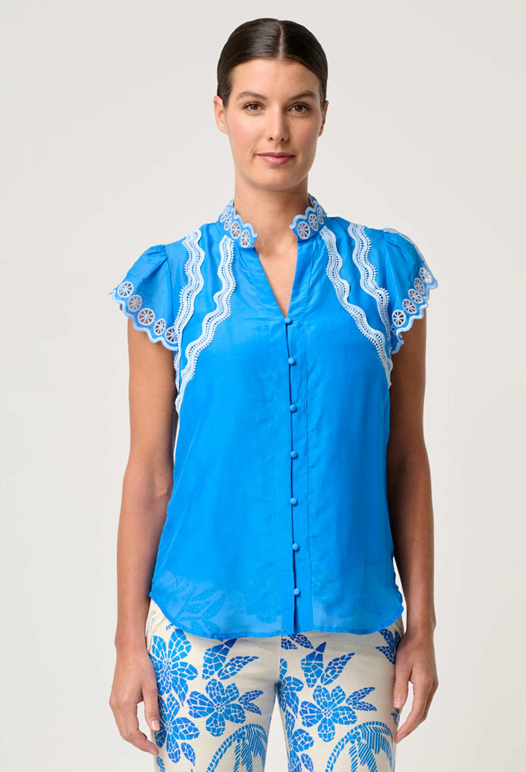 OnceWas Thalassa Embroidered Silk Cotton Flutter Sleeve Top in Blue Topaz